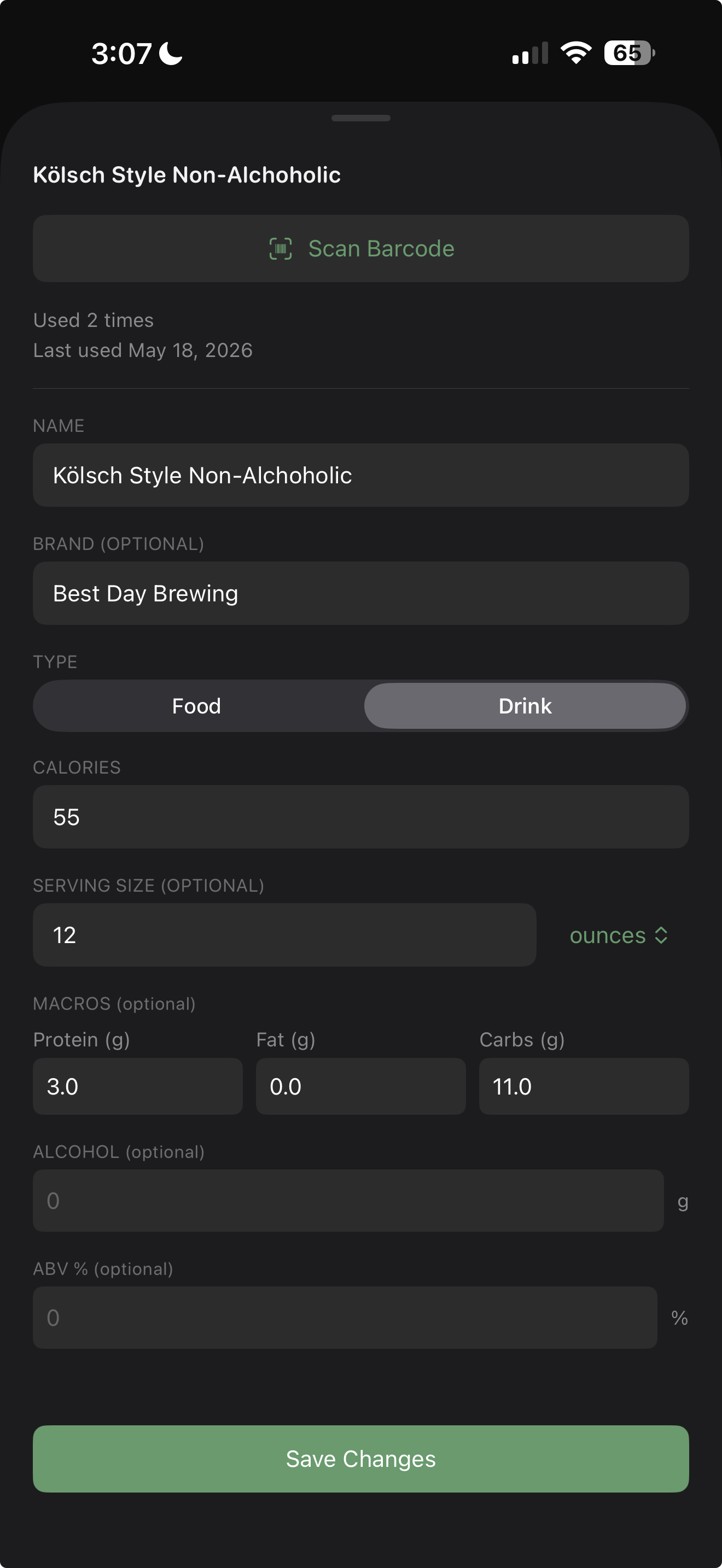 Drink logging screen showing volume and ABV% entry